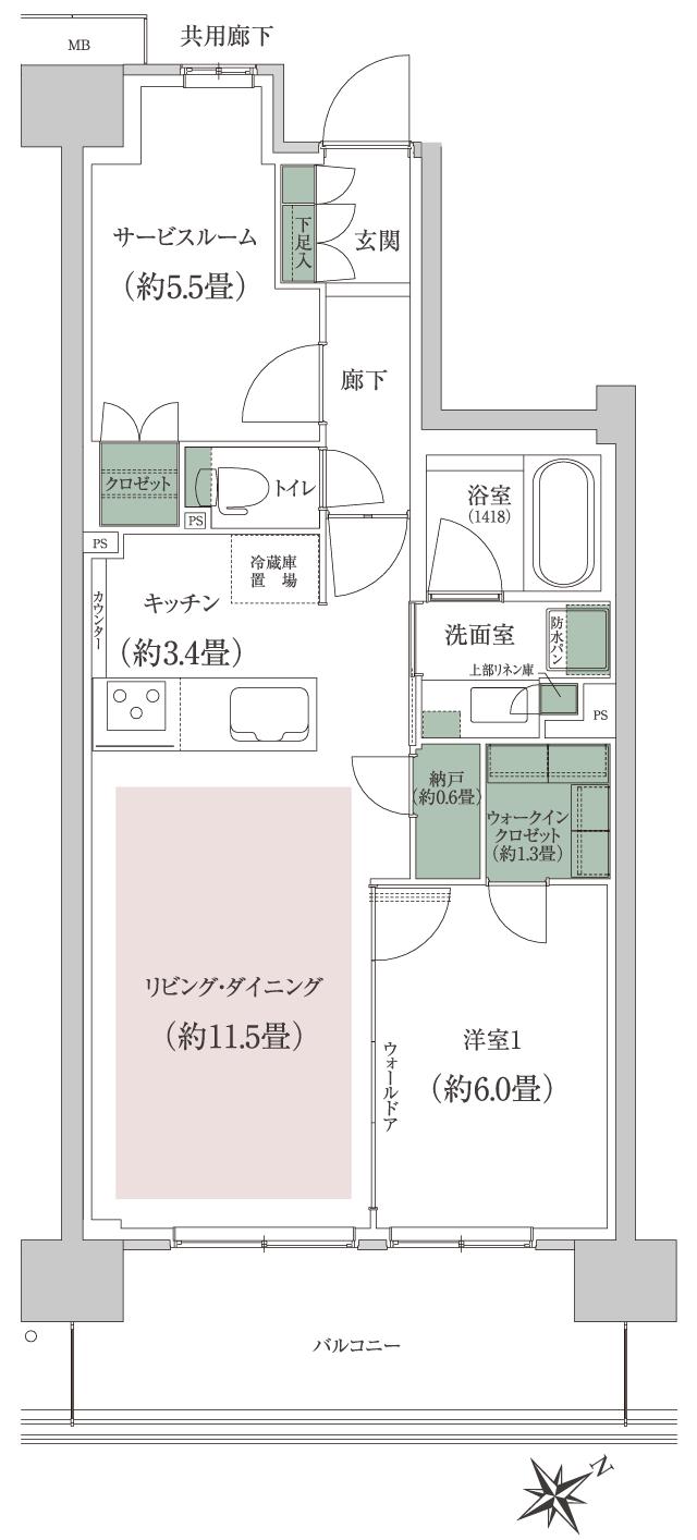 ルネ成田サングランデの間取り図　F：1LDK+S(納戸)+N+WIC