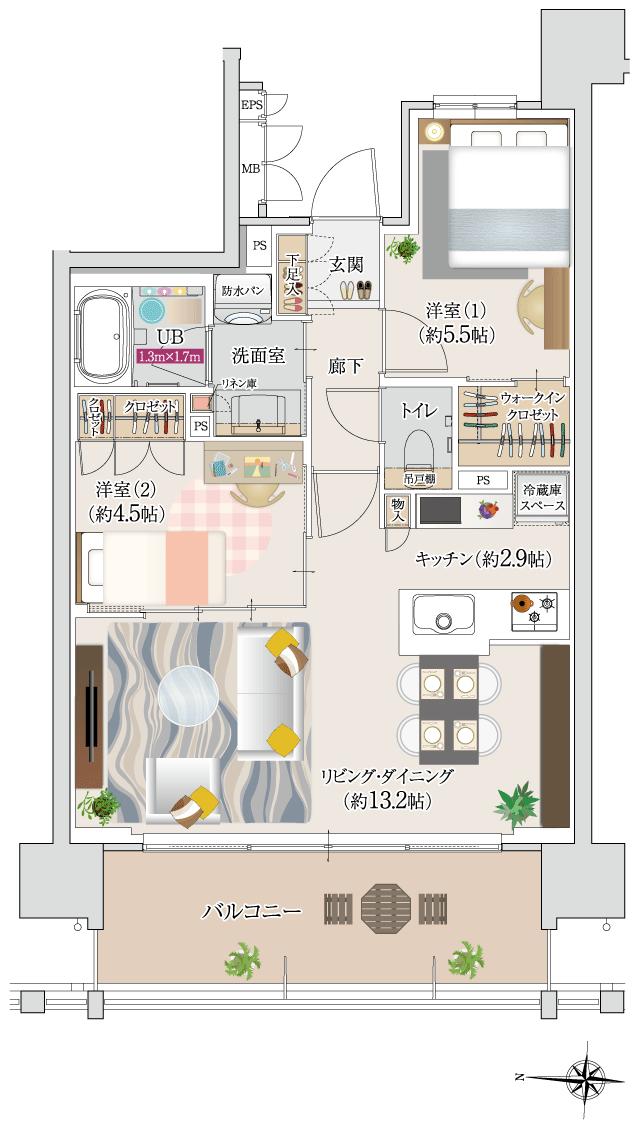 ポレスター大和中央の間取り図　B：2LDK＋ウォークインクロゼット