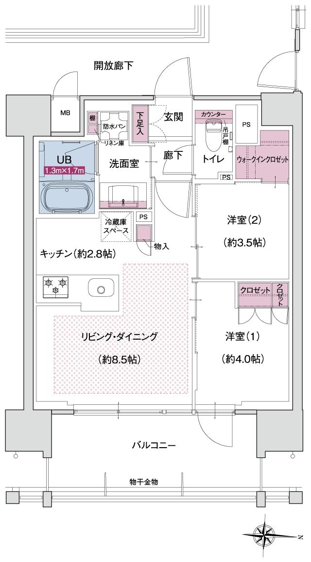ポレスター大和中央の間取り図　E：2LDK+ウォークインクロゼット