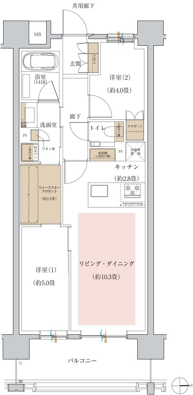 リビオ高田馬場の間取り図　J2：2LDK+WTC