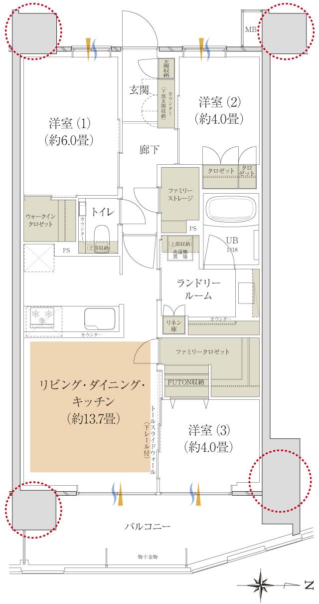 イニシア武蔵小杉御殿町の間取り図　D-L：3LDK+WIC+FC+FS