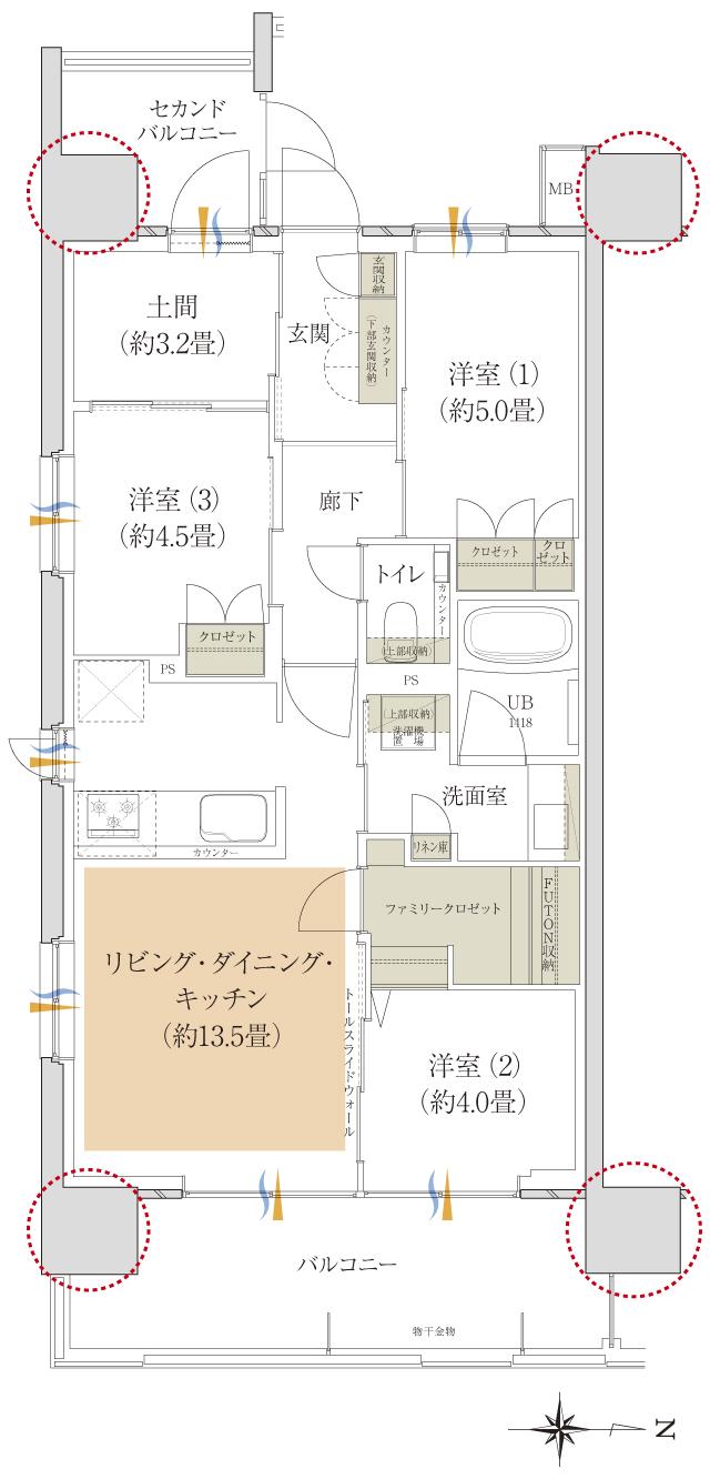 イニシア武蔵小杉御殿町の間取り図　D-D：3LDK+FC+土間