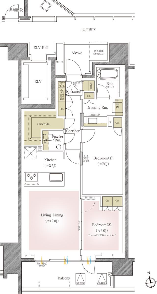 プラウド四谷の間取り図　B1：2LDK+FC+SIC