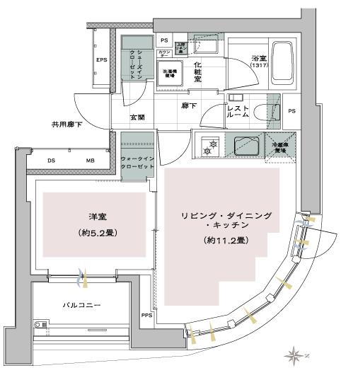 ピアース麻布十番ヴィアーレの間取り図　B：1LDK+WIC+SIC