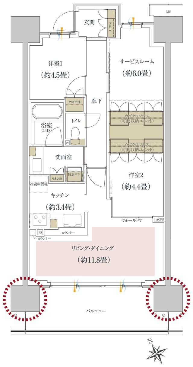 ルネ柏ディアパークの間取り図　C5：2LDK+UGOCLO+S