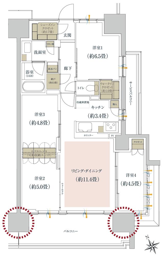 ルネ柏ディアパークの間取り図　C6：4LDK+UGOCLO+WIC+SIC+N