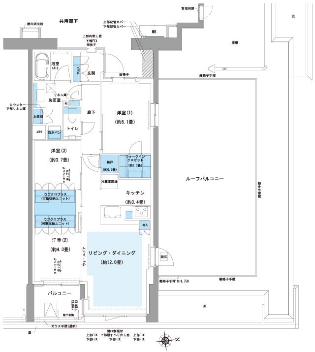 ルネグラン上石神井の間取り図　H2pr：3LDK+UC+WIC+N