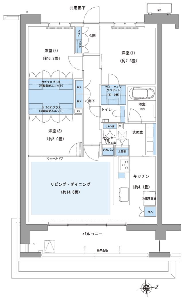 ルネグラン上石神井の間取り図　E：3LDK+UC+WIC