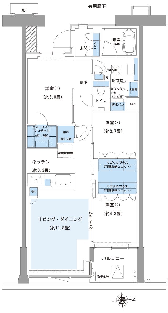 ルネグラン上石神井の間取り図　H1p：3LDK+UC+WIC+N