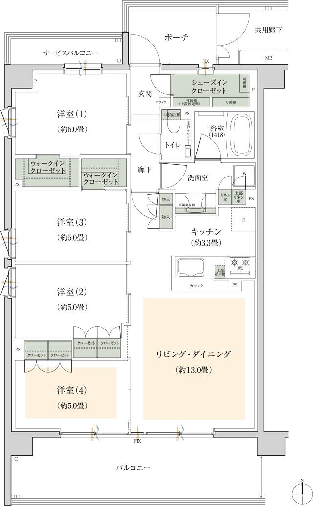 サングランデ南流山ザ・コートの間取り図　A：4LDK+2WIC+SIC