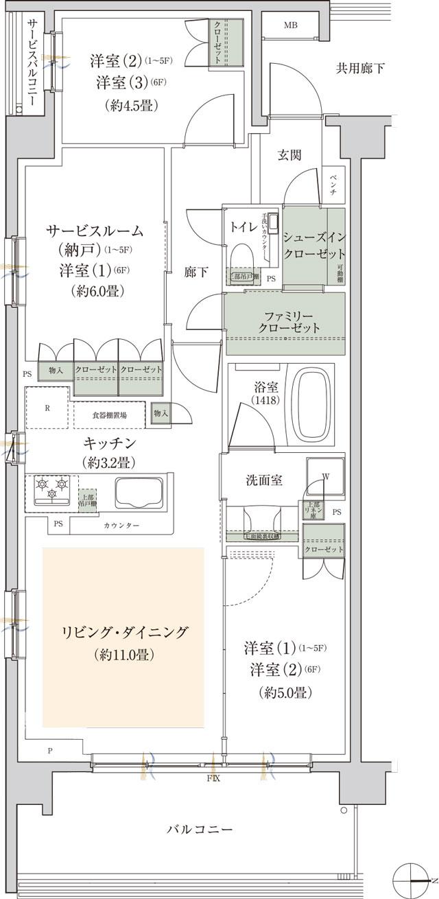 サングランデ南流山ザ・コートの間取り図　D：2LDK+S+FC+SIC