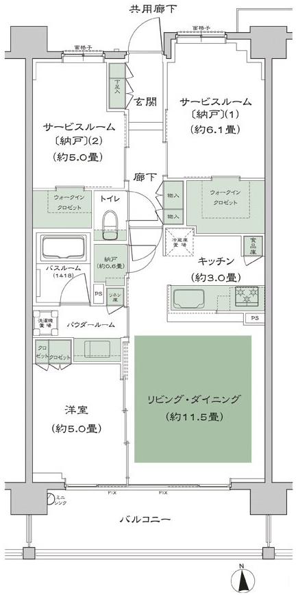 シティハウス竹ノ塚の間取り図　D7：1LDK+2S(サービスルーム[納戸])+N(納戸)+2WIC(ウォークインクロゼット)