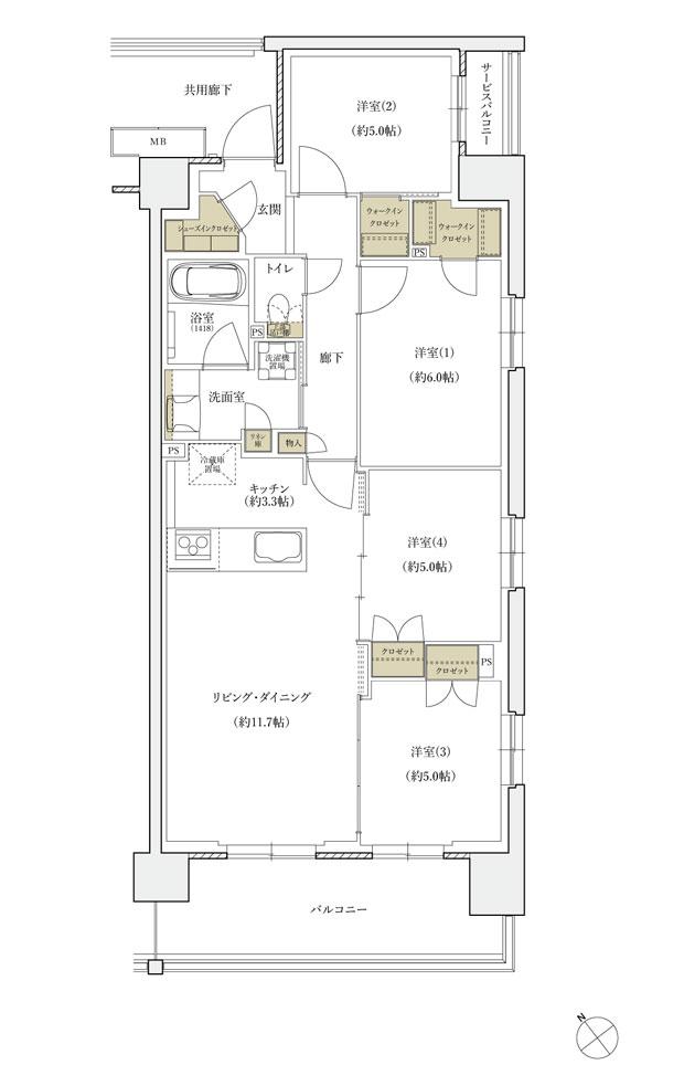シエリアシティ横浜東戸塚の間取り図　E1：4LDK+2WIC+SIC