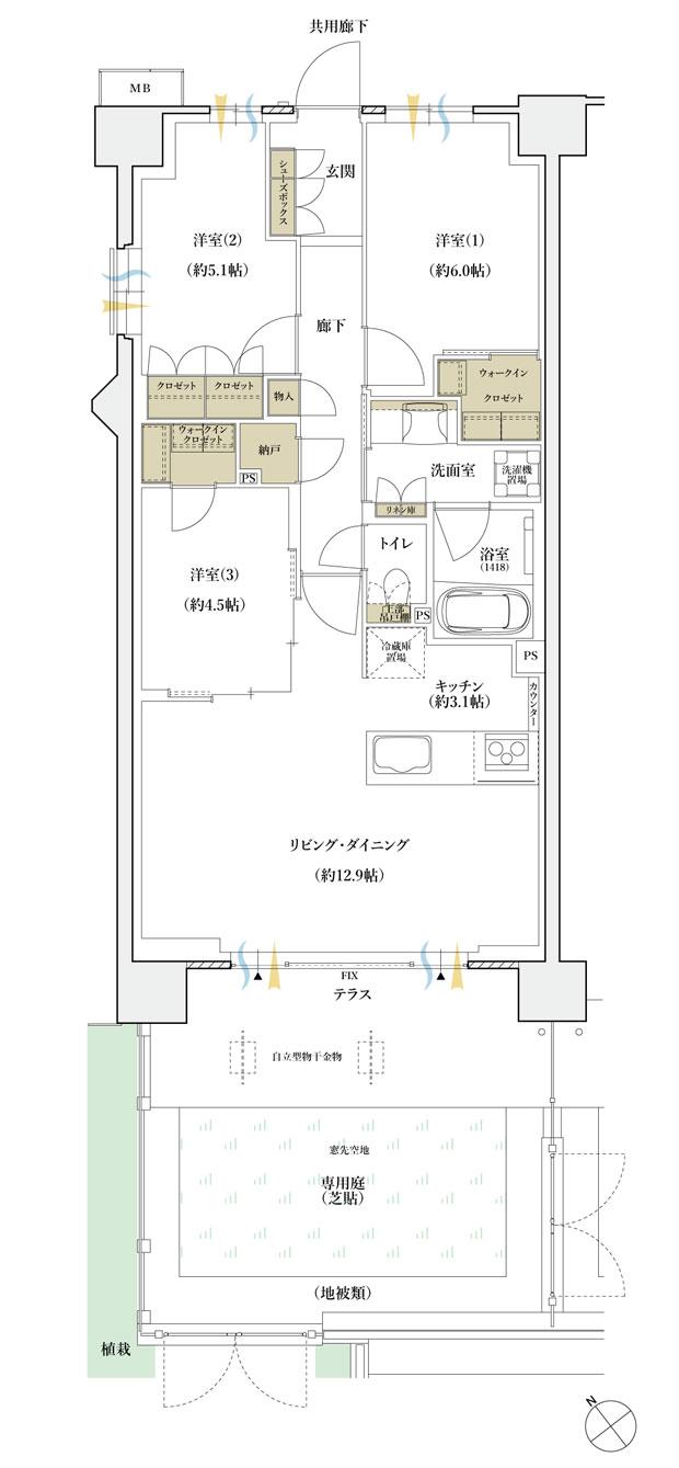 シエリアシティ横浜東戸塚の間取り図　E11g：3LDK+2WIC+N