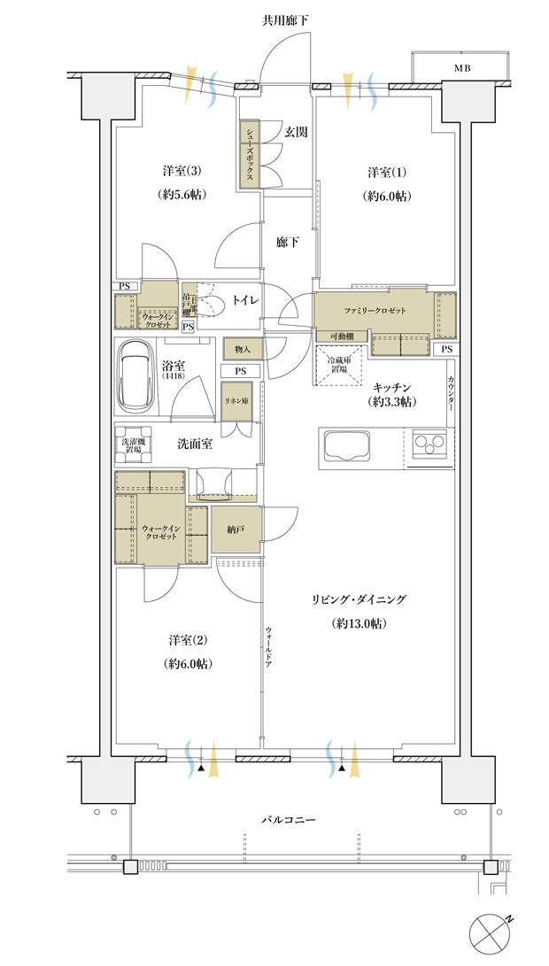 シエリアシティ横浜東戸塚の間取り図　A2：3LDK+2WIC+FC+N