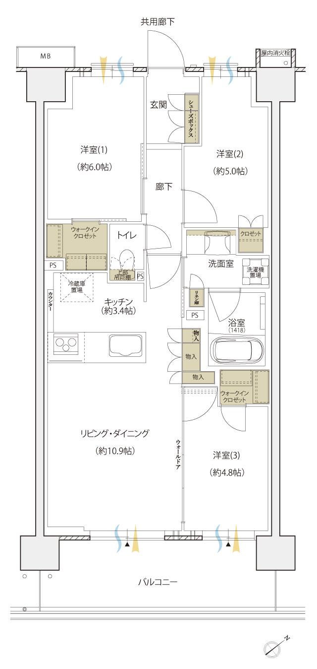 シエリアシティ横浜東戸塚の間取り図　C11：3LDK+2WIC