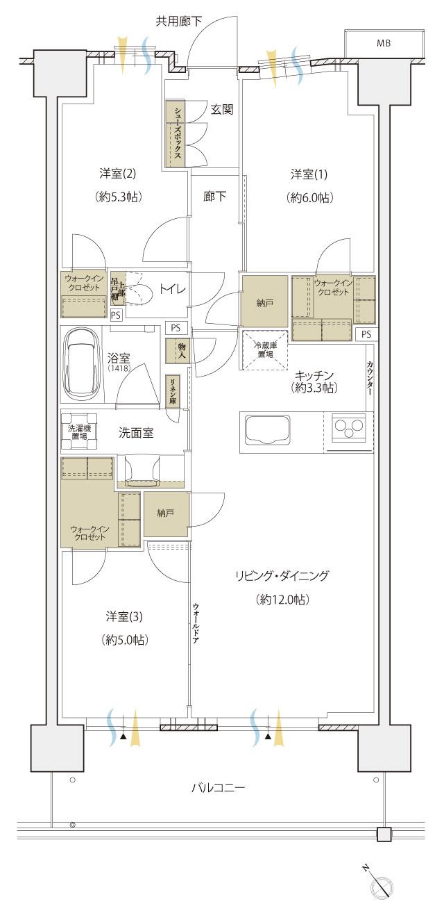 シエリアシティ横浜東戸塚の間取り図　E4：3LDK+3WIC+2N