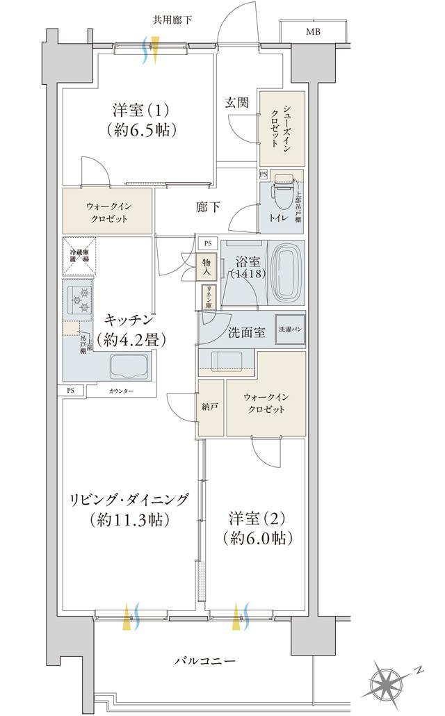 パークナード自治医大 祇園の間取り図　H：2LDK+2WIC+SIC