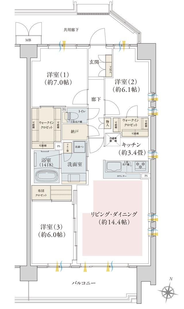 パークナード自治医大 祇園の間取り図　G：3LDK+2WIC