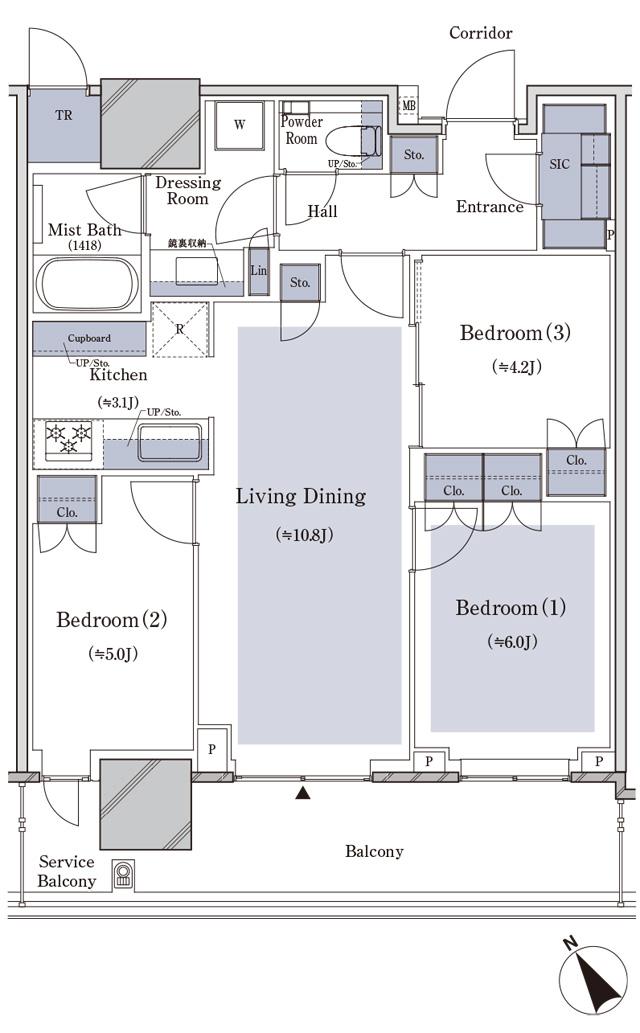 ブランズタワー横浜北仲の間取り図　S65A：3LDK+SIC+TR