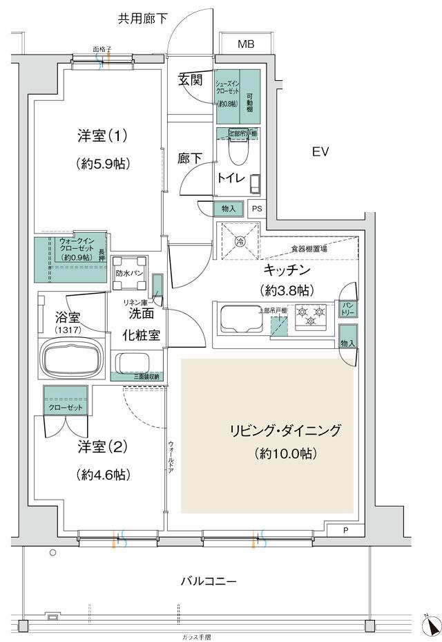 プレディア南浦和の間取り図　B：2LDK+WIC+SIC