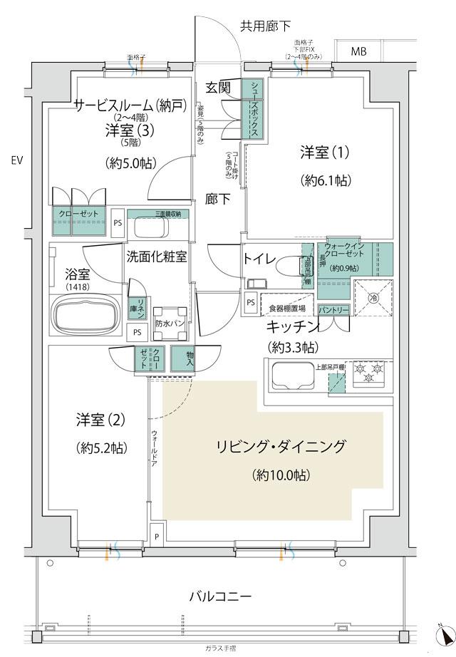 プレディア南浦和の間取り図　C(2～4階)：2LDK+S+WIC