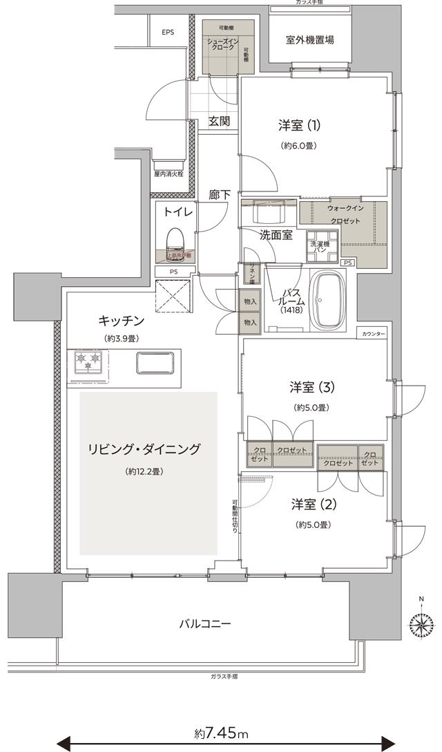 ザ・ライオンズ府中の間取り図　C3：3LDK+WIC+SIC