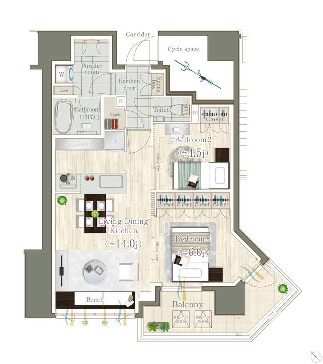 レ・ジェイド目黒の間取り図　F：2LDK+N