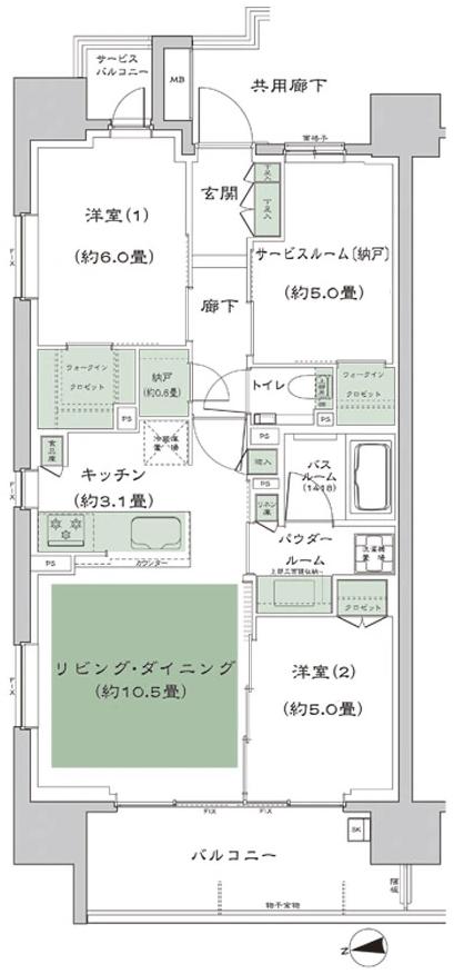 THE ASAKUSA RESIDENCEの間取り図　A1：2LDK+S(サービスルーム[納戸])+N(納戸)+2WIC(ウォークインクロゼット)