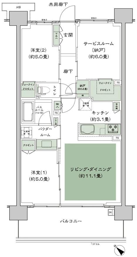 シティテラス稲毛海岸の間取り図　A-A'2s：2LDK+S(サービスルーム[納戸])+N(納戸)+2WIC(ウォークインクロゼット)