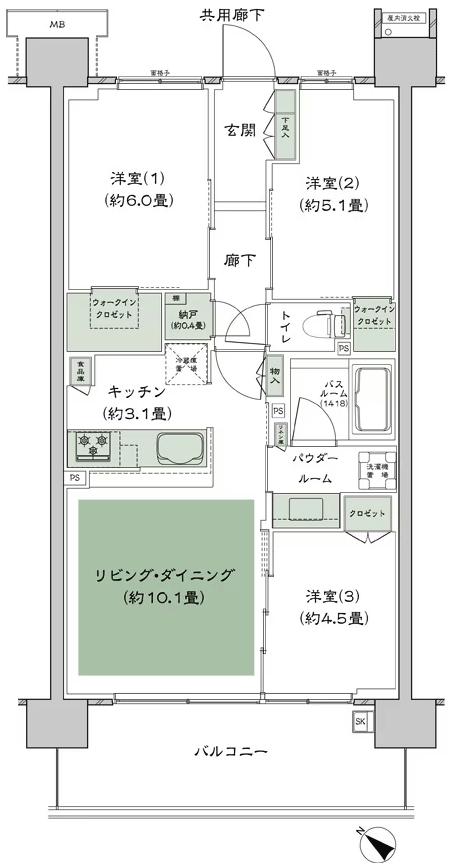シティテラス稲毛海岸の間取り図　C-C'4：3LDK+N(納戸)+2WIC(ウォークインクロゼット)