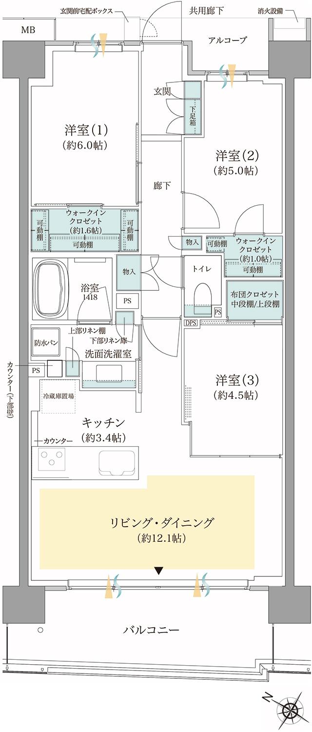 ジオ板橋浮間舟渡の間取り図　B8：3LDK+2WIC