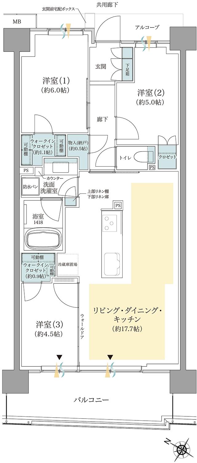 ジオ板橋浮間舟渡の間取り図　B12：3LDK+2WIC+N