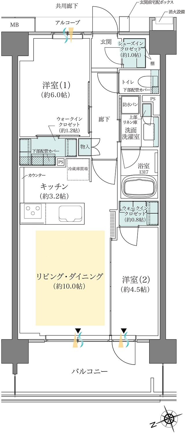 ジオ板橋浮間舟渡の間取り図　H2：2LDK+2WIC+SIC