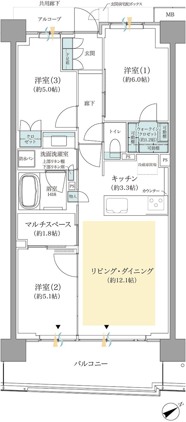 ジオ板橋浮間舟渡の間取り図　D7：3LDK+MS+WIC