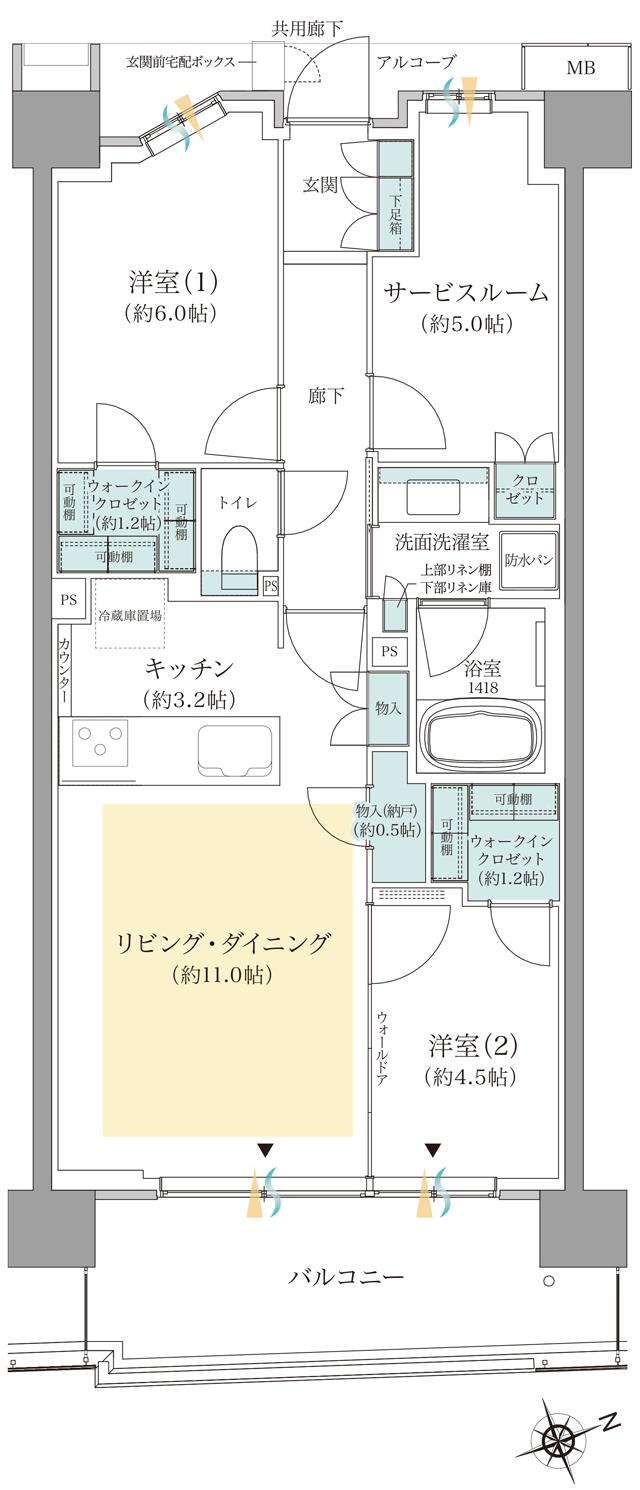 ジオ板橋浮間舟渡の間取り図　E7：2LDK+S+2WIC+N