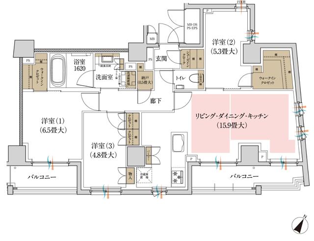 ルジェンテ神楽坂の間取り図　P：3LDK+2WIC+N+SIC