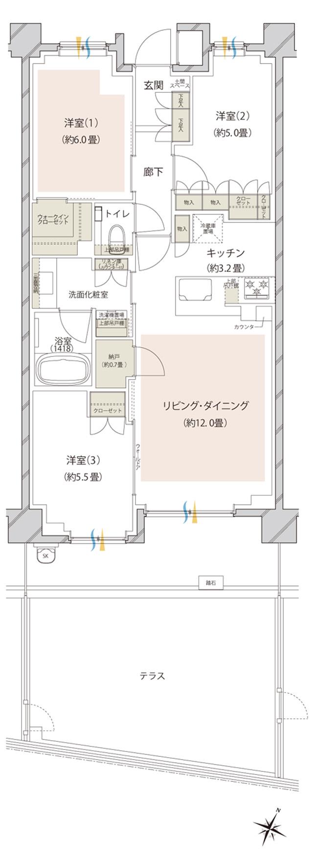 ドレッセたまプラーザ ラベニューの間取り図　SBt：3LDK+WIC+N
