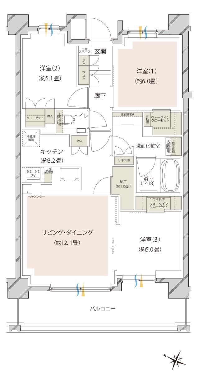ドレッセたまプラーザ ラベニューの間取り図　WC：3LDK+2WIC+N