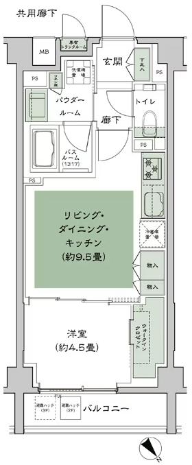 シティテラス文京小石川の間取り図　B-C1：1LDK+WIC(ウォークインクロゼット)