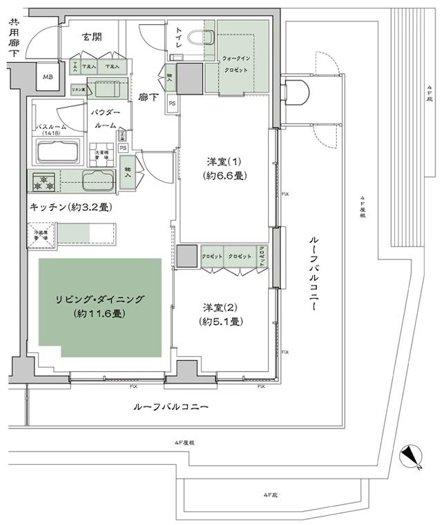シティテラス文京小石川の間取り図　B-Kr：2LDK+WIC(ウォークインクロゼット)