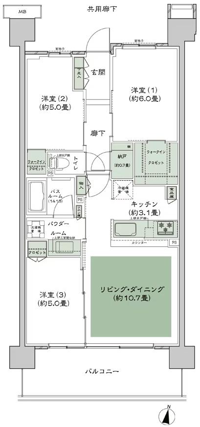 シティテラス湘南平塚の間取り図　E-A2：3LDK+N(納戸)+2WIC(ウォークインクロゼット)