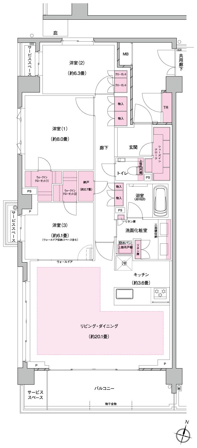 プラウド美しが丘ヒルサイドの間取り図　C：3LDK+N+2WIC+SIC