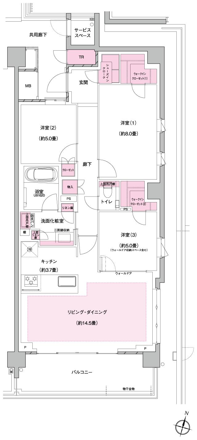 プラウド美しが丘ヒルサイドの間取り図　J：3LDK+2WIC+SIC
