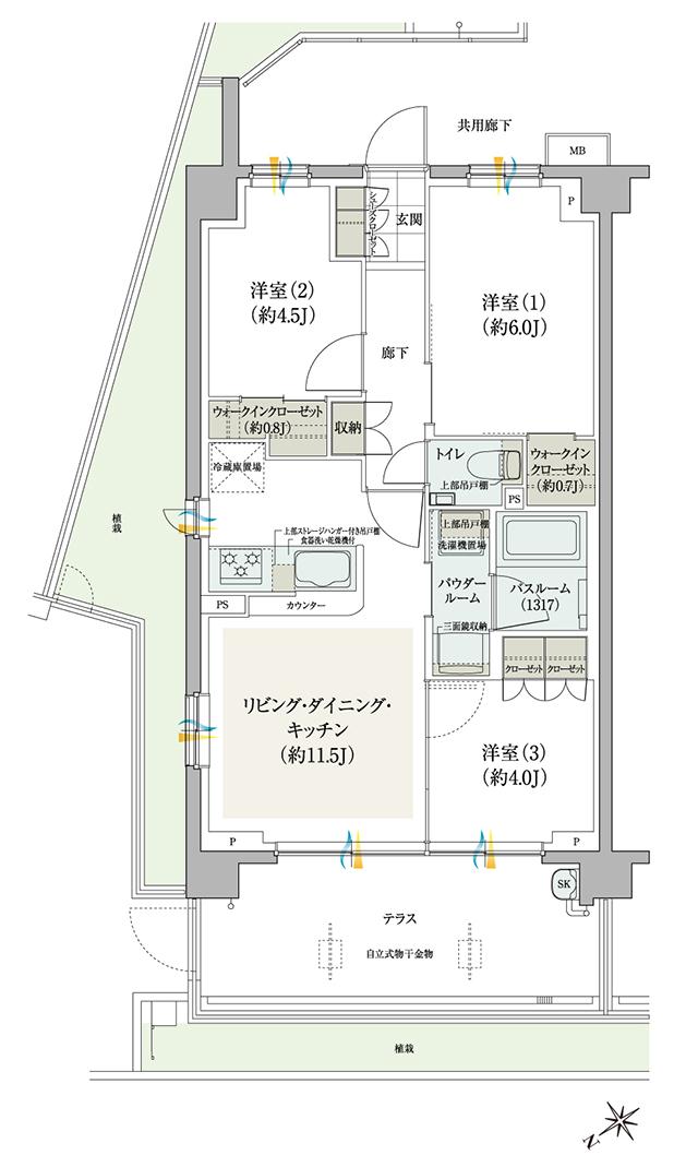 ガーラ・レジデンス稲城矢野口駅前の間取り図　A1t：3LDK+2WIC