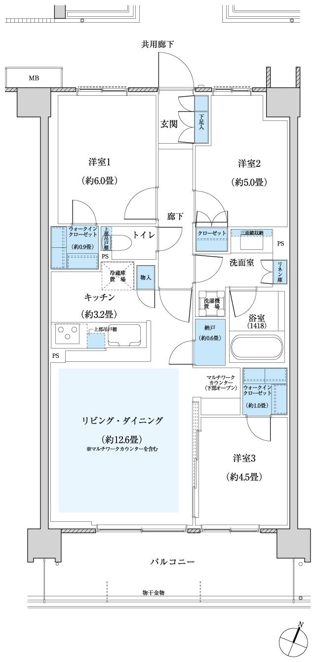 プラネスーペリア西東京緑町の間取り図　EH：3LDK+2WIC+N