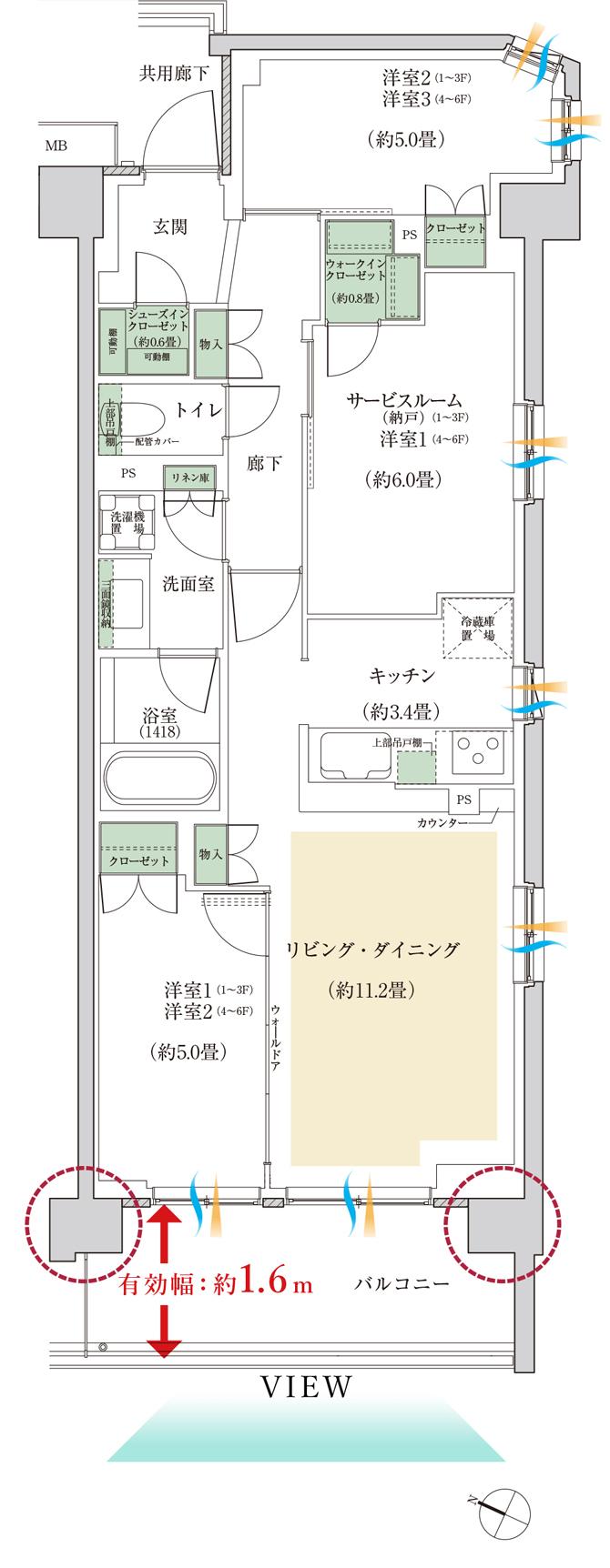 プラネスーペリア西東京緑町の間取り図　WD(2・3F)：2LDK+S+WIC+SIC