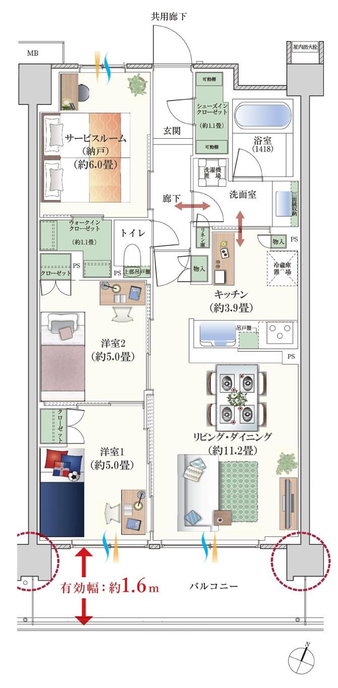 プラネスーペリア西東京緑町の間取り図　EF：2LDK+S+WIC+SIC