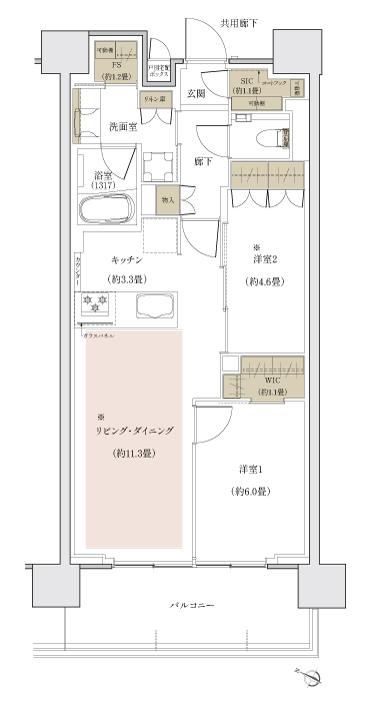 ザ・パークハウス 川越フロントの間取り図　C：2LDK+FS+WIC+SIC
