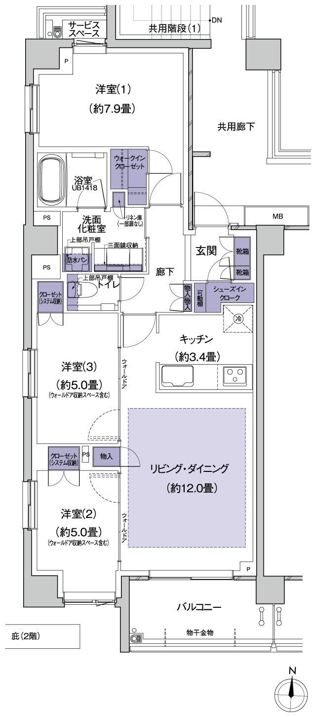 プラウド新丸子エアリーコートの間取り図　A：3LDK+WIC+SIC